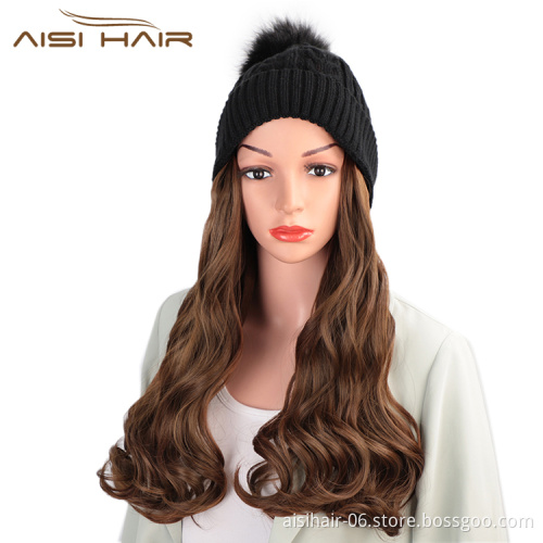 Aisi Hair Synthetic Nature Long Wavy Brown Body Wave Cap Hair Heat Resistant Fiber Hair Extension With Cap For Black White Women